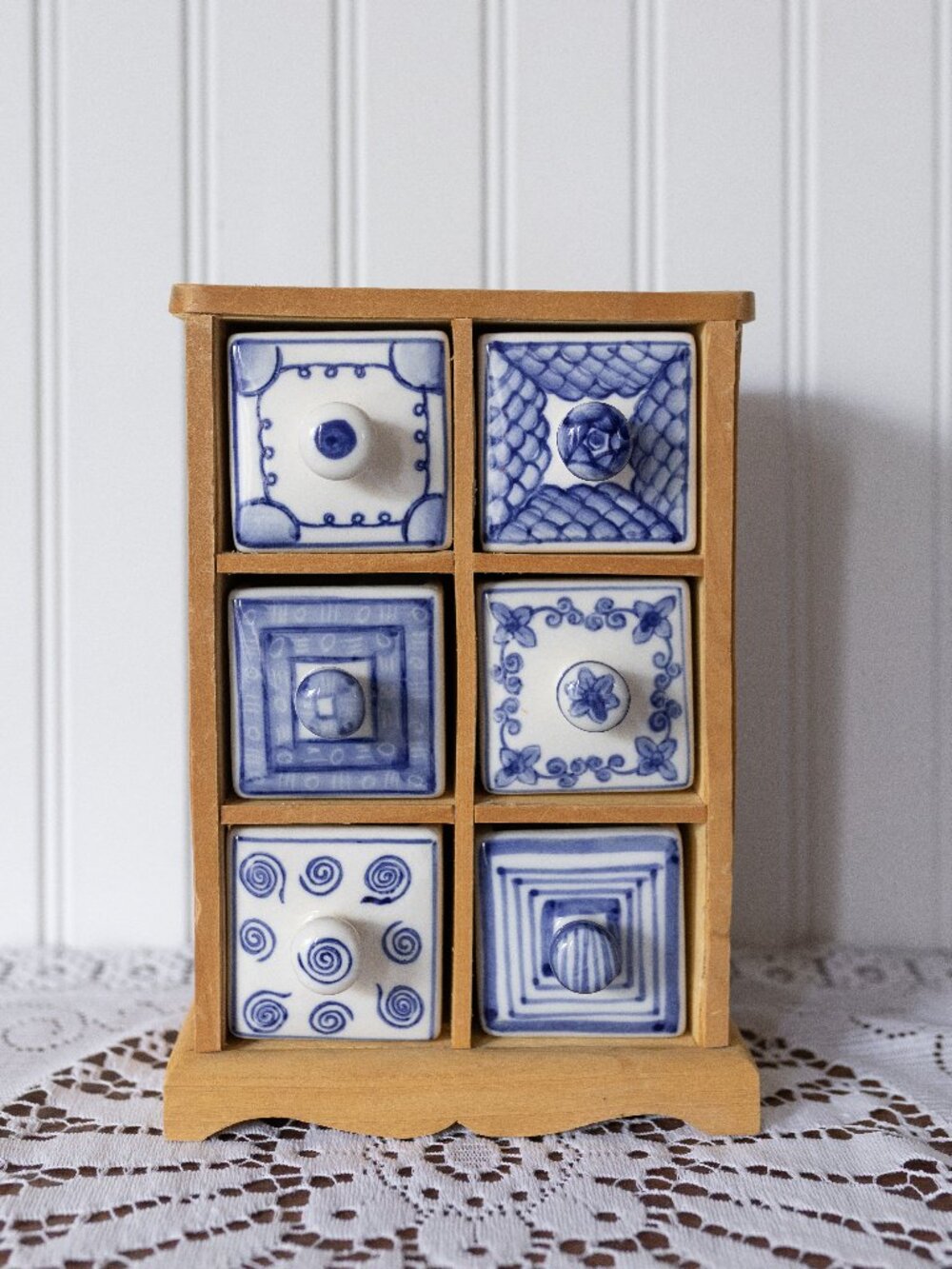 Vintage Blue White Ceramic 6 Drawer Spice Apothecary Cabinet Cottagecore